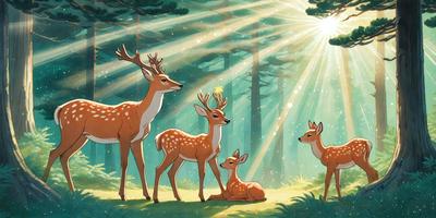 The primary subject of the image is a group of deer, including both adult and baby deer, standing in a forest. The setting is a lush green forest with trees and sunlight illuminating the scene. The visual style is a colorful, hand-drawn illustration, giving the image a warm and inviting atmosphere. The dominant colors are green, brown, and yellow, with the sunlight adding a touch of brightness to the scene.
